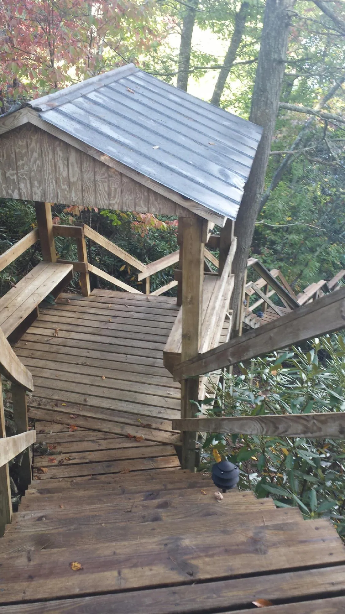 Metal roofed shelter over wooden steps on a wooded walkway — Skylight Repair & Installation work by our crew in Borup